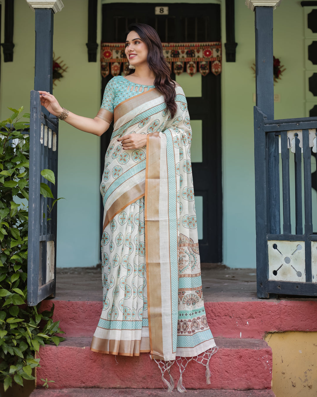 Beige With Aqua Pure Cotton Linen Saree with Geometric Floral Design and Tassels on Edges LINEN H 131140