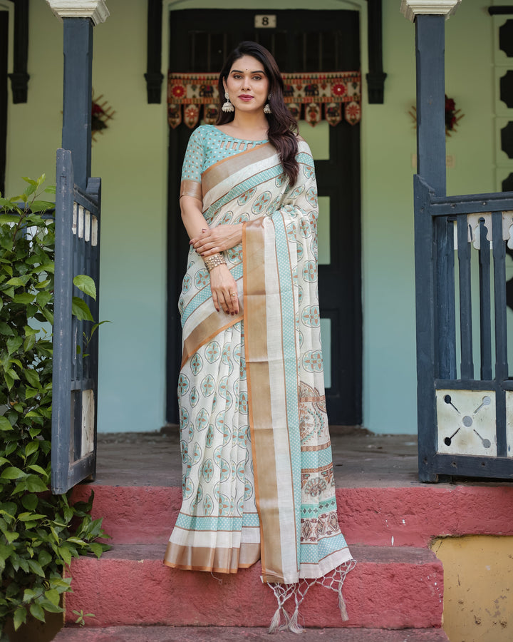 Beige With Aqua Pure Cotton Linen Saree with Geometric Floral Design and Tassels on Edges LINEN H 131140