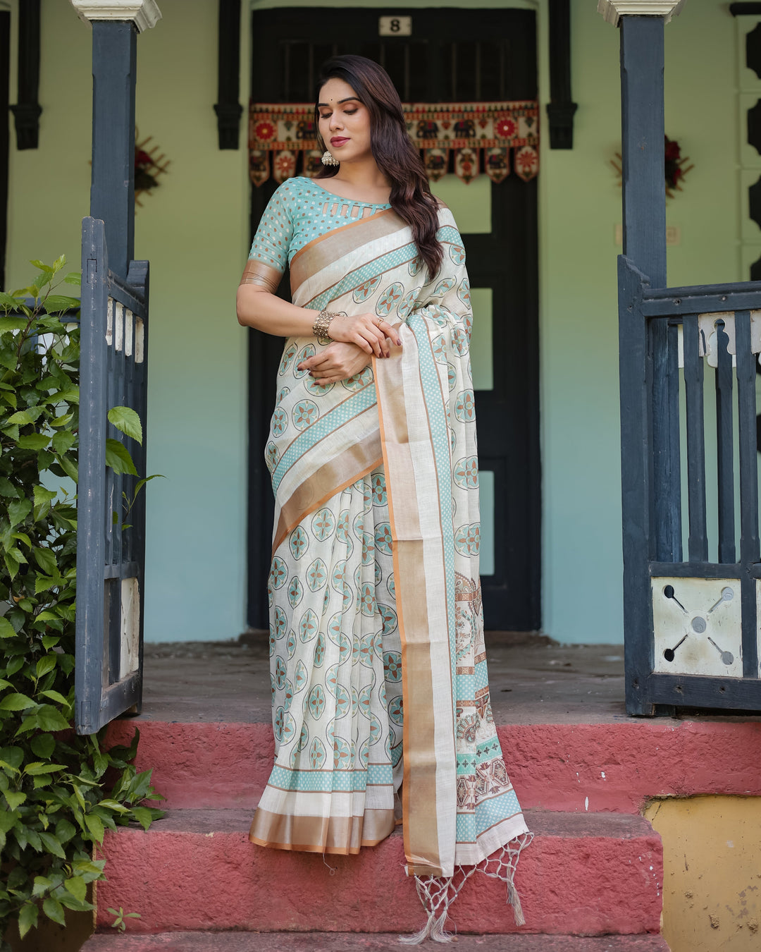 Beige With Aqua Pure Cotton Linen Saree with Geometric Floral Design and Tassels on Edges LINEN H 131140