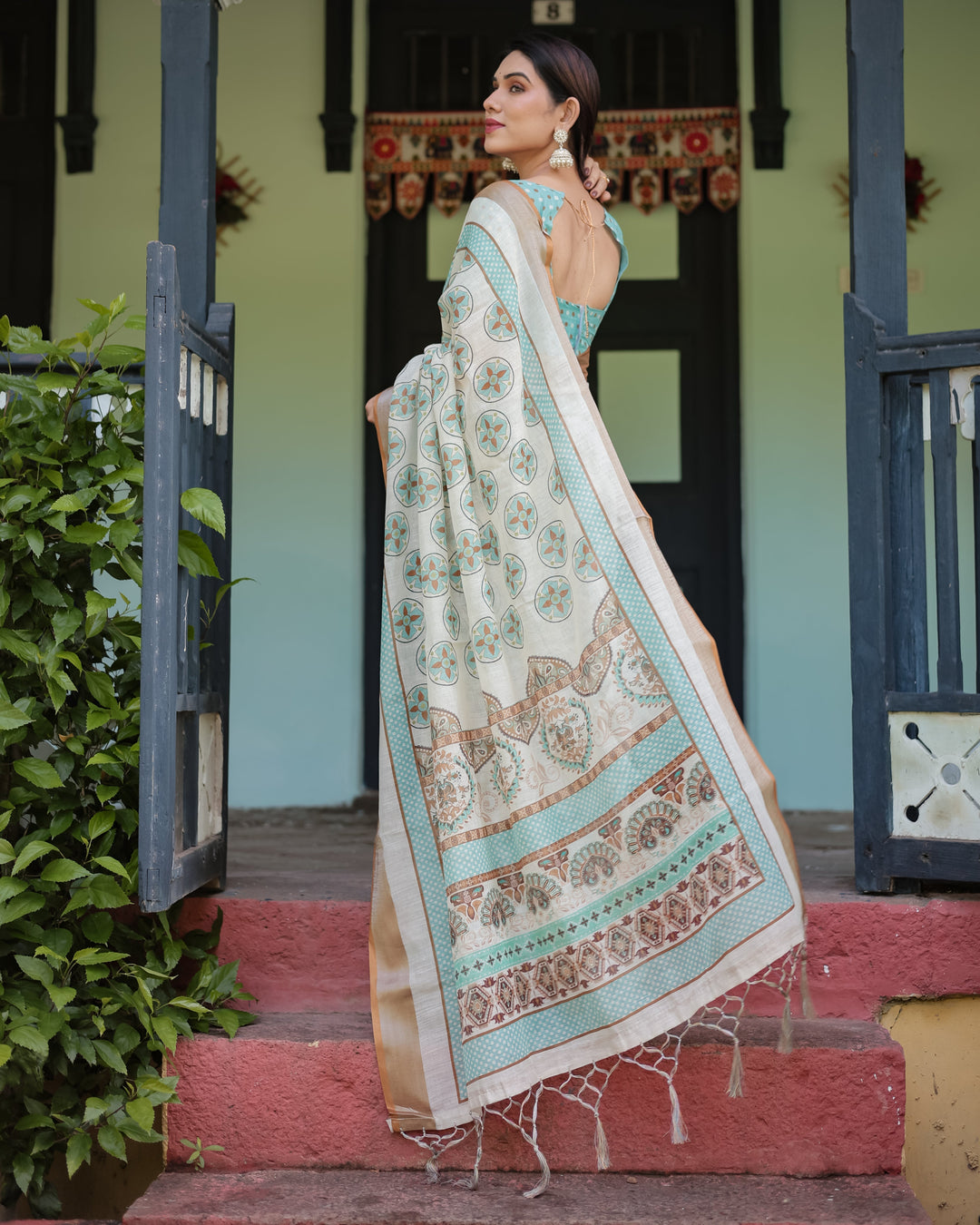 Beige With Aqua Pure Cotton Linen Saree with Geometric Floral Design and Tassels on Edges LINEN H 131140