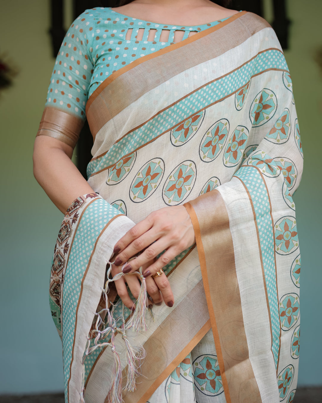 Beige With Aqua Pure Cotton Linen Saree with Geometric Floral Design and Tassels on Edges LINEN H 131140