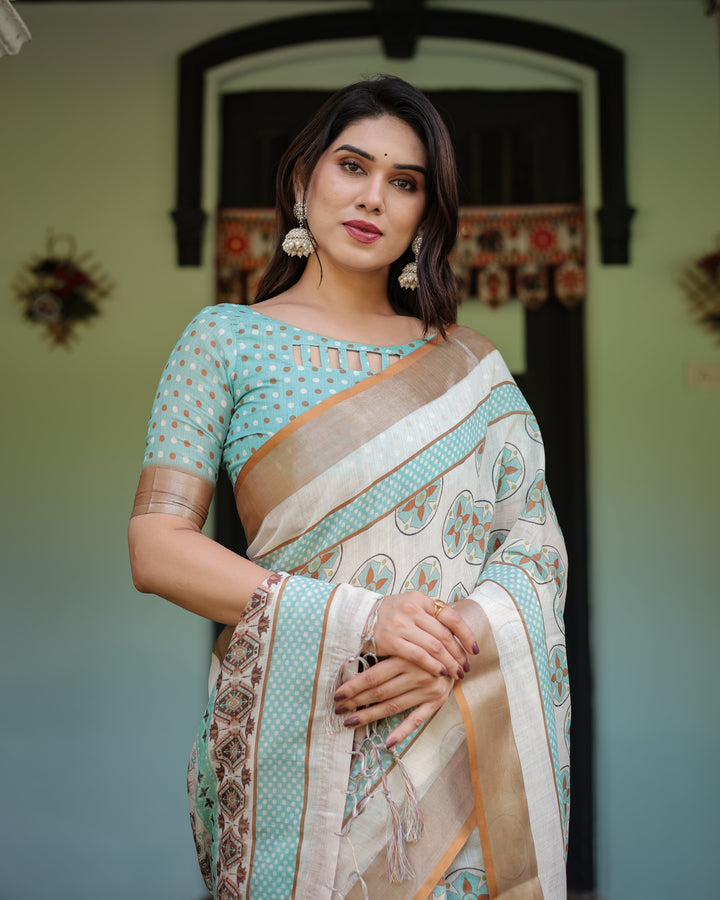 Beige With Aqua Pure Cotton Linen Saree with Geometric Floral Design and Tassels on Edges LINEN H 131140