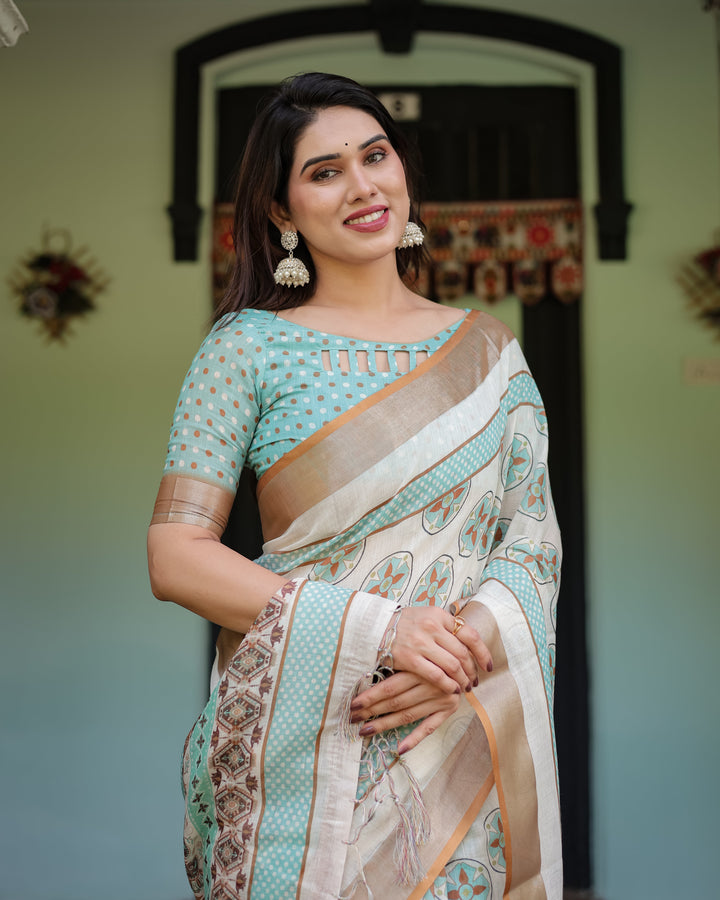 Beige With Aqua Pure Cotton Linen Saree with Geometric Floral Design and Tassels on Edges LINEN H 131140