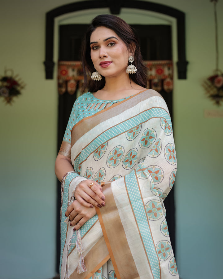 Beige With Aqua Pure Cotton Linen Saree with Geometric Floral Design and Tassels on Edges LINEN H 131140