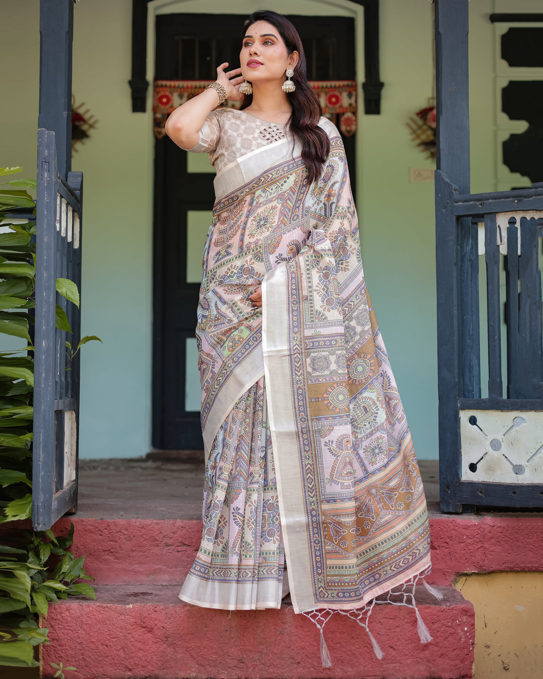 Cream and Pastel Multicolour Printed Pure Cotton Linen Saree with Blouse and Tassels on Edges LINEN H 131140