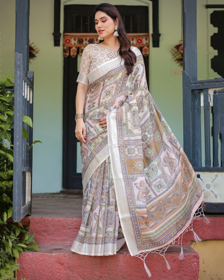 Cream and Pastel Multicolour Printed Pure Cotton Linen Saree with Blouse and Tassels on Edges LINEN H 131140