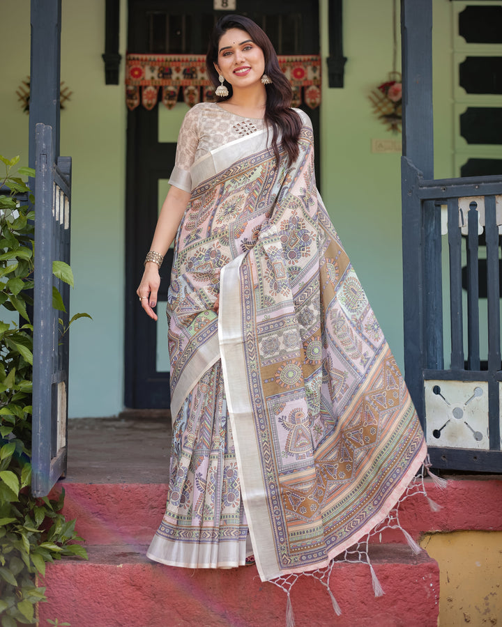 Cream and Pastel Multicolour Printed Pure Cotton Linen Saree with Blouse and Tassels on Edges LINEN H 131140