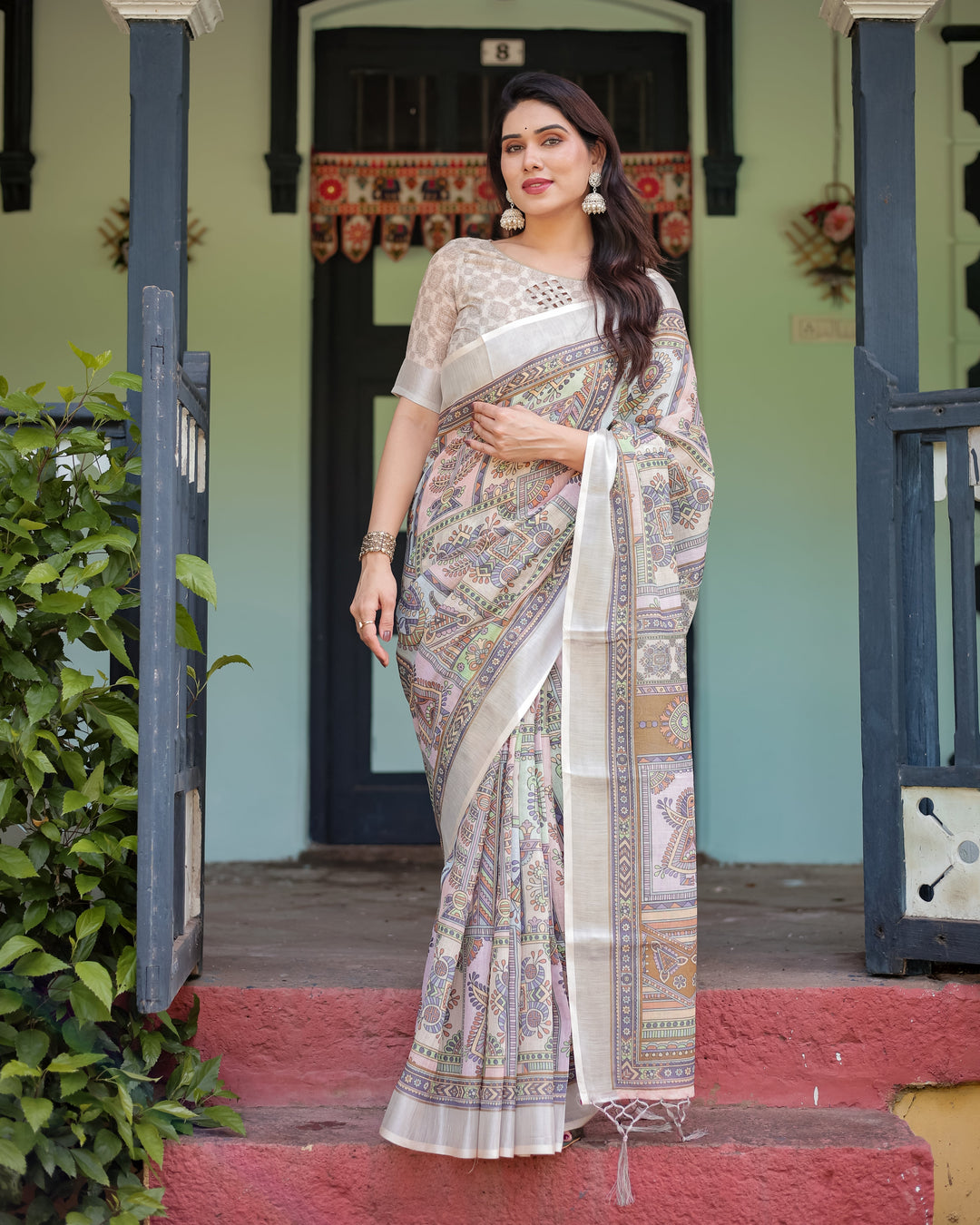 Cream and Pastel Multicolour Printed Pure Cotton Linen Saree with Blouse and Tassels on Edges LINEN H 131140
