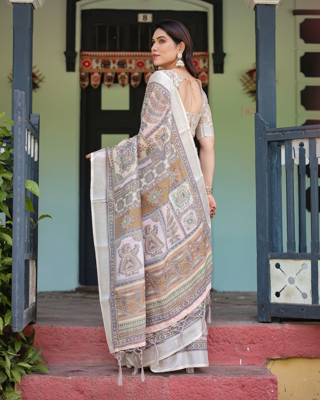 Cream and Pastel Multicolour Printed Pure Cotton Linen Saree with Blouse and Tassels on Edges LINEN H 131140