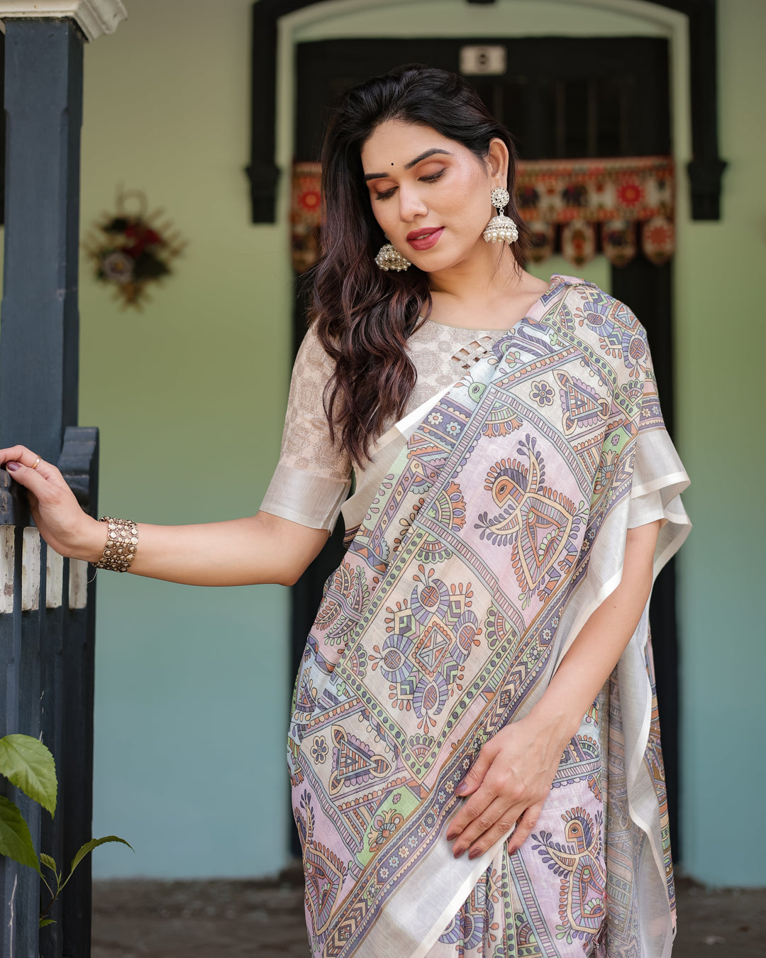Cream and Pastel Multicolour Printed Pure Cotton Linen Saree with Blouse and Tassels on Edges LINEN H 131140
