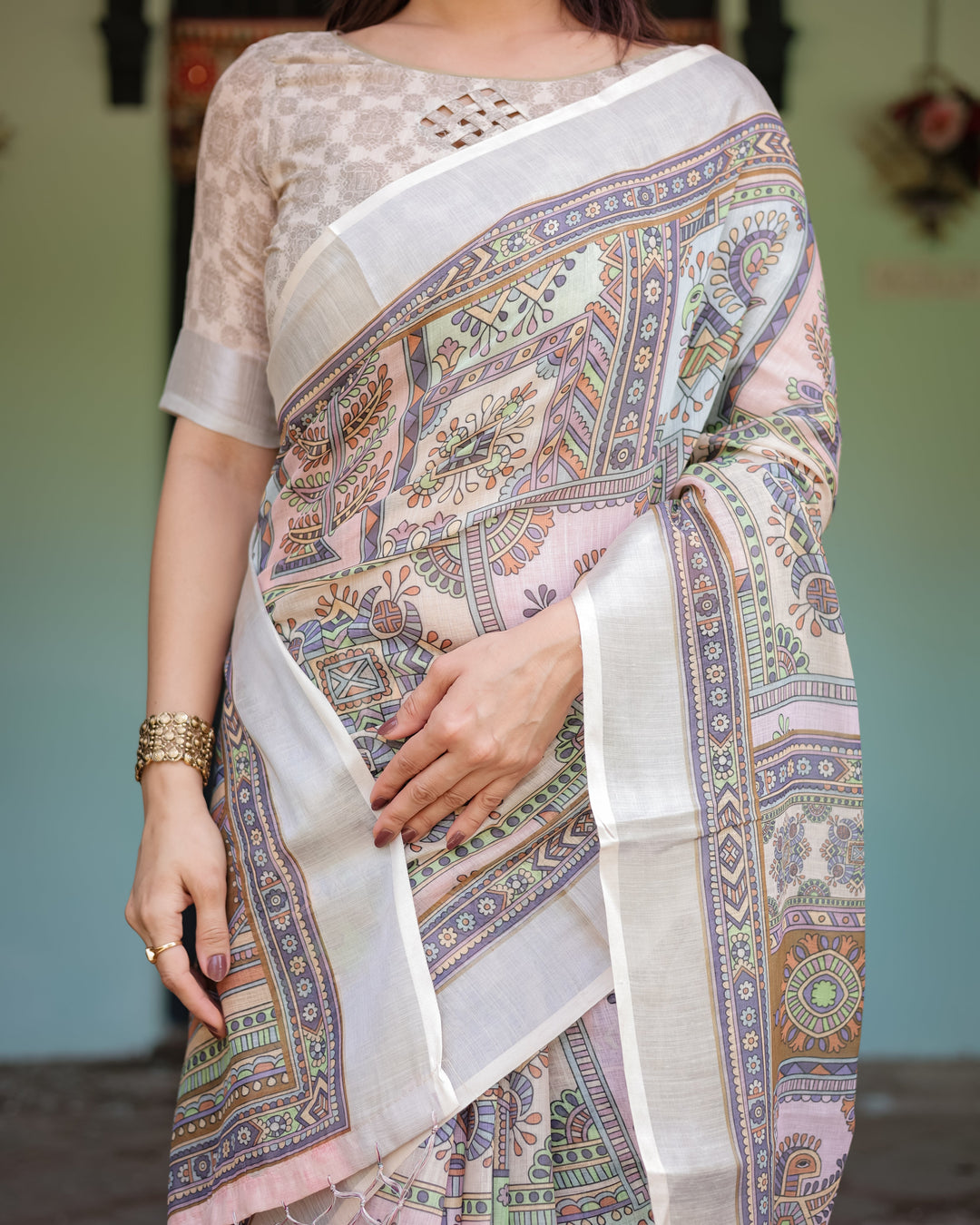 Cream and Pastel Multicolour Printed Pure Cotton Linen Saree with Blouse and Tassels on Edges LINEN H 131140