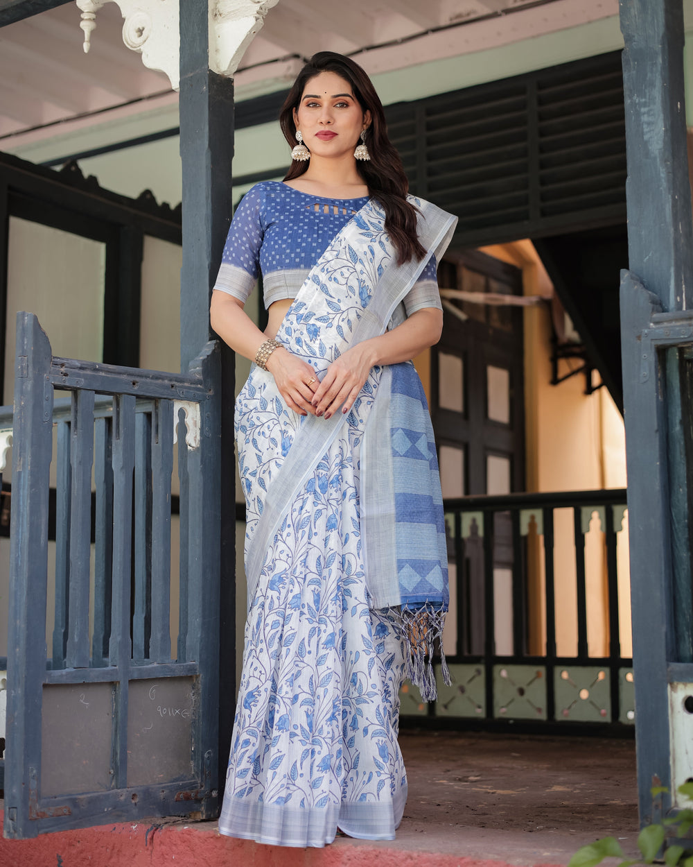 Blue and White Floral Pure Cotton Linen Saree with Blouse and Tassels LINEN H 131140