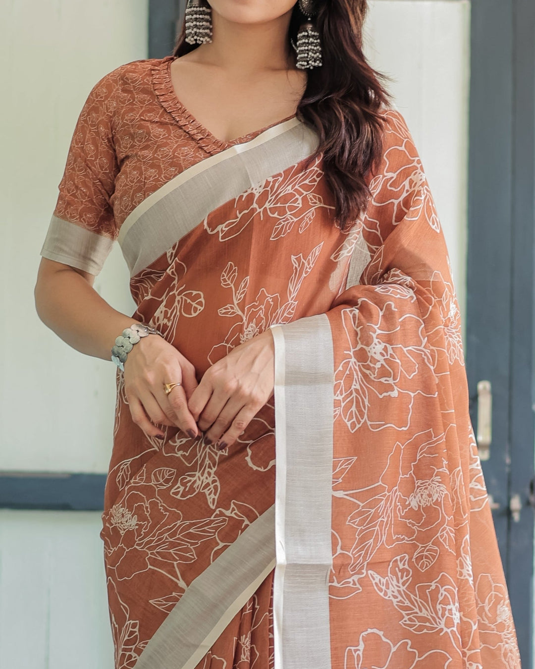 Terracotta Brown Floral Handprinted Pure Cotton Linen Saree with Tassels LINEN H 141150