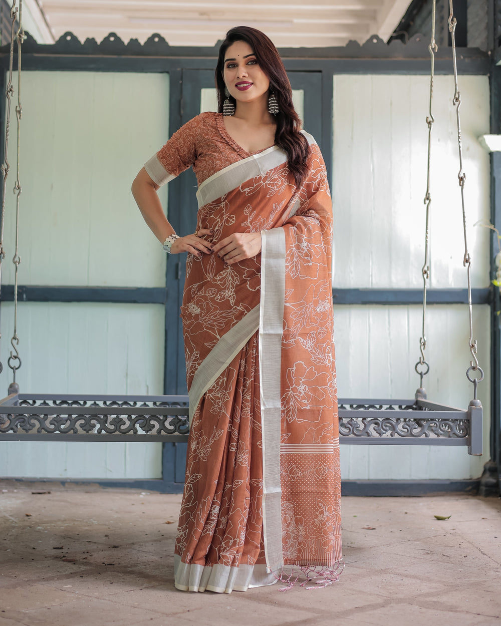 Terracotta Brown Floral Handprinted Pure Cotton Linen Saree with Tassels LINEN H 141150