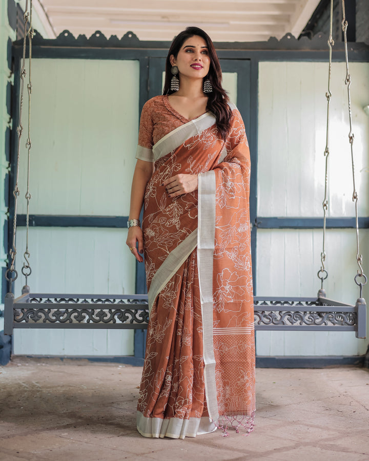 Terracotta Brown Floral Handprinted Pure Cotton Linen Saree with Tassels LINEN H 141150