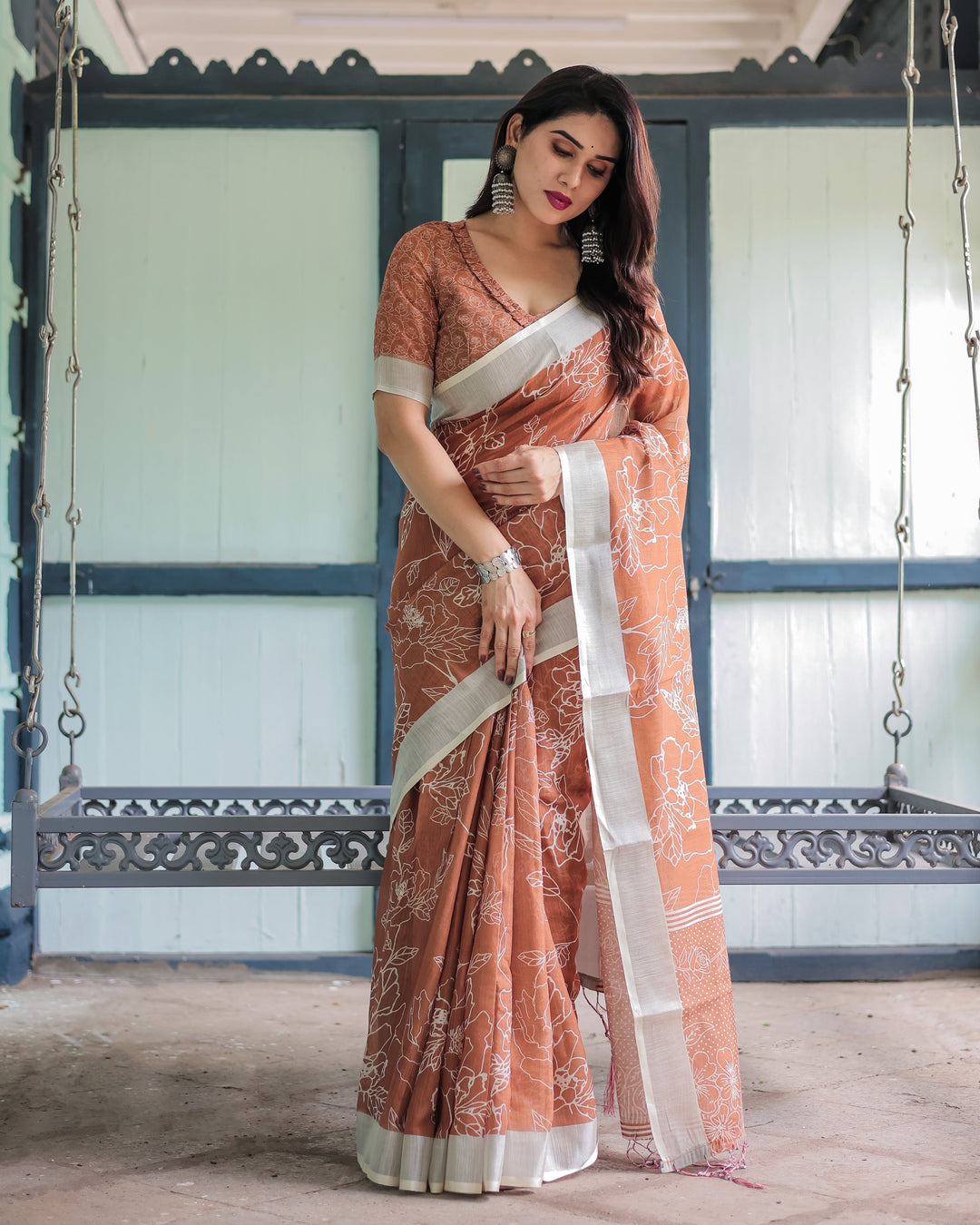 Terracotta Brown Floral Handprinted Pure Cotton Linen Saree with Tassels LINEN H 141150