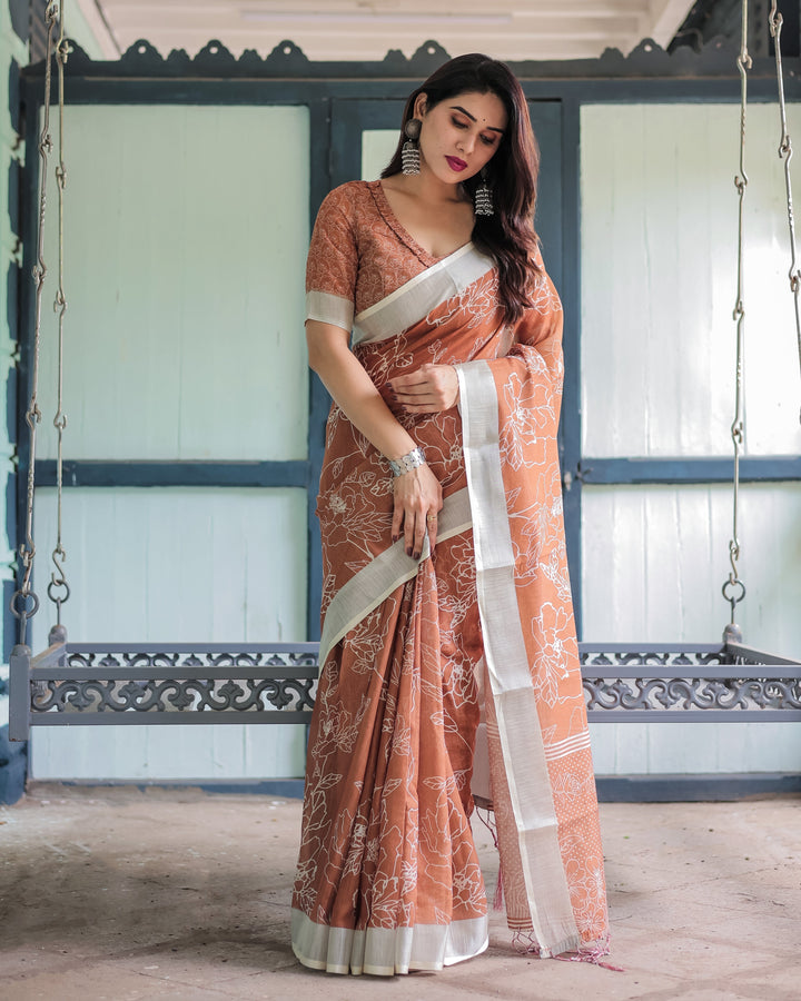 Terracotta Brown Floral Handprinted Pure Cotton Linen Saree with Tassels LINEN H 141150