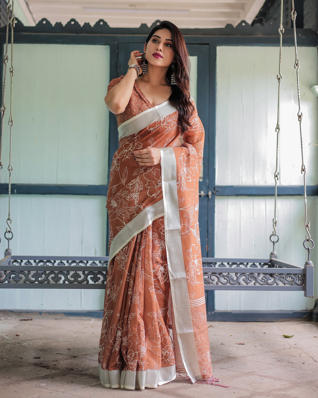 Terracotta Brown Floral Handprinted Pure Cotton Linen Saree with Tassels LINEN H 141150