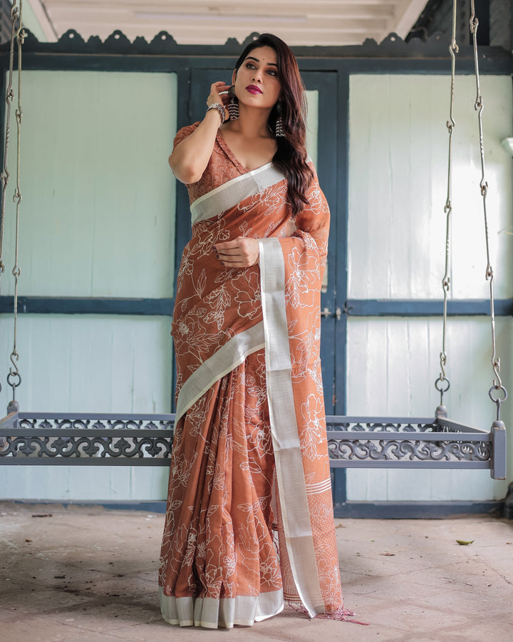 Terracotta Brown Floral Handprinted Pure Cotton Linen Saree with Tassels LINEN H 141150