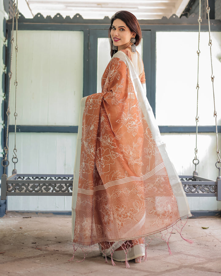 Terracotta Brown Floral Handprinted Pure Cotton Linen Saree with Tassels LINEN H 141150