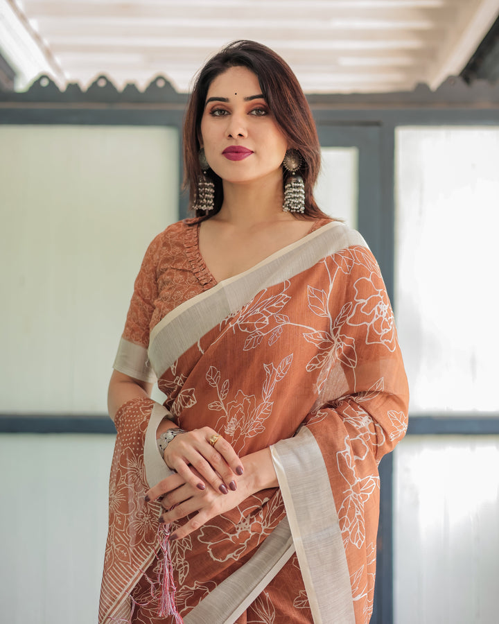 Terracotta Brown Floral Handprinted Pure Cotton Linen Saree with Tassels LINEN H 141150