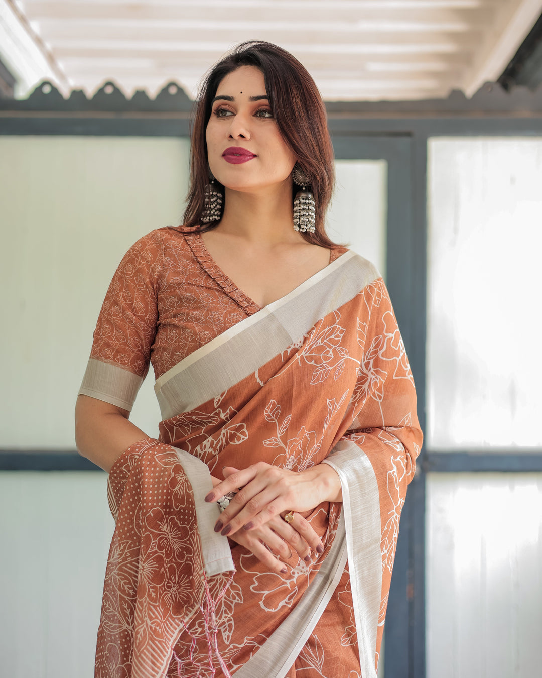 Terracotta Brown Floral Handprinted Pure Cotton Linen Saree with Tassels LINEN H 141150