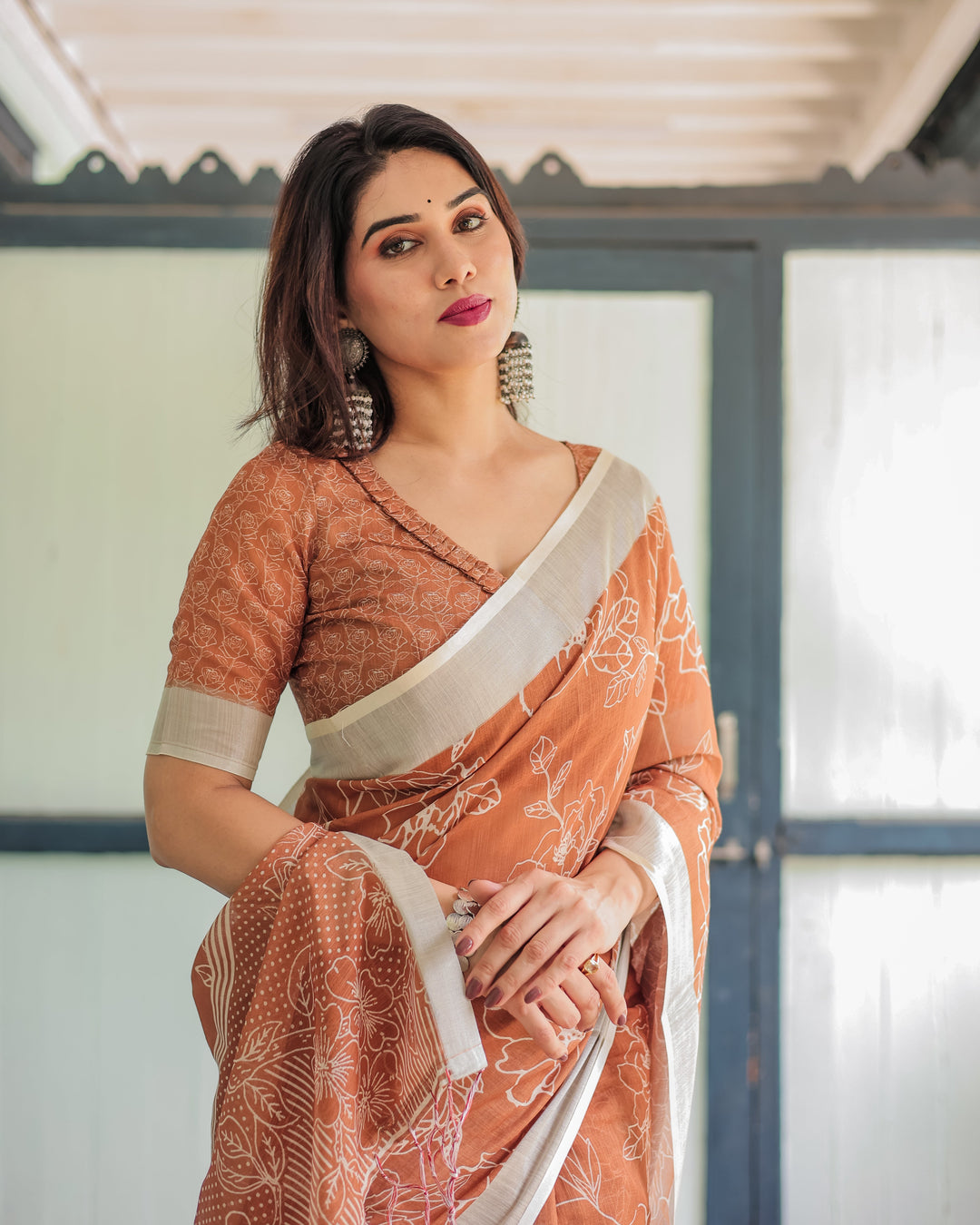 Terracotta Brown Floral Handprinted Pure Cotton Linen Saree with Tassels LINEN H 141150