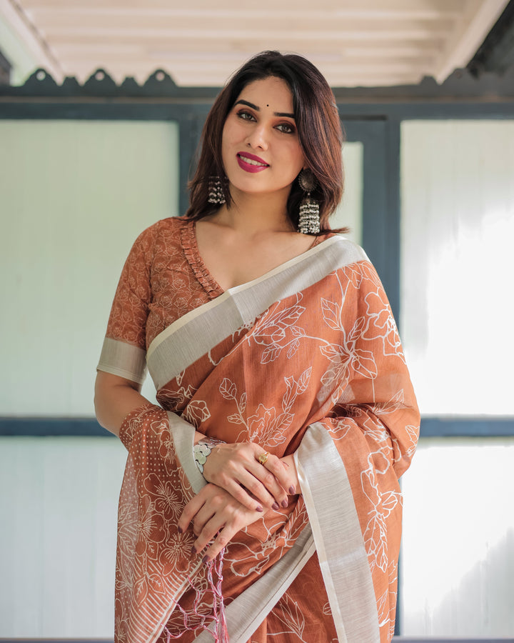 Terracotta Brown Floral Handprinted Pure Cotton Linen Saree with Tassels LINEN H 141150