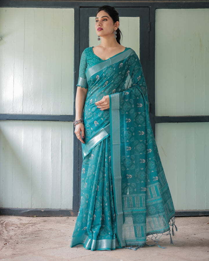 Teal Green Pure Cotton Linen Saree with Silver Floral Motifs and Tassels LINEN H 151160