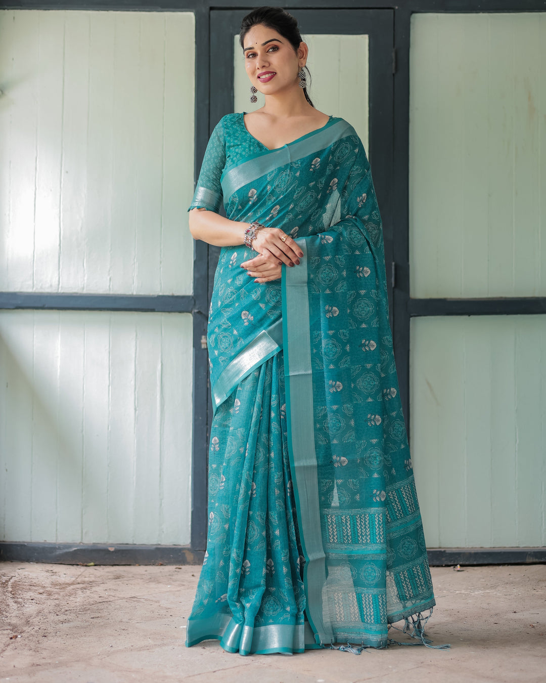 Teal Green Pure Cotton Linen Saree with Silver Floral Motifs and Tassels LINEN H 151160