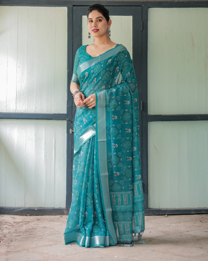 Teal Green Pure Cotton Linen Saree with Silver Floral Motifs and Tassels LINEN H 151160