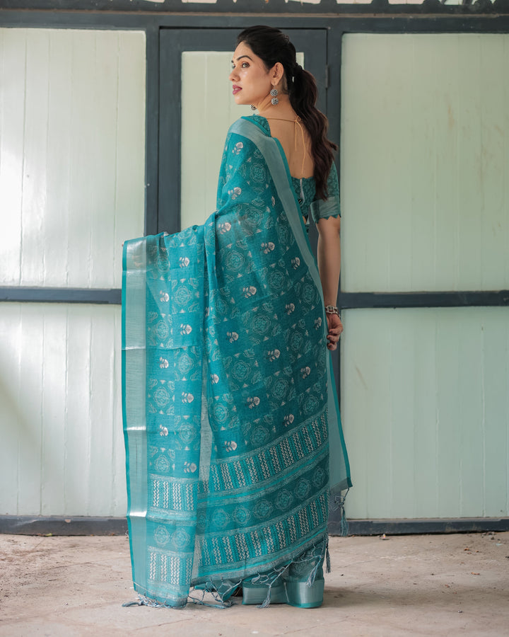 Teal Green Pure Cotton Linen Saree with Silver Floral Motifs and Tassels LINEN H 151160