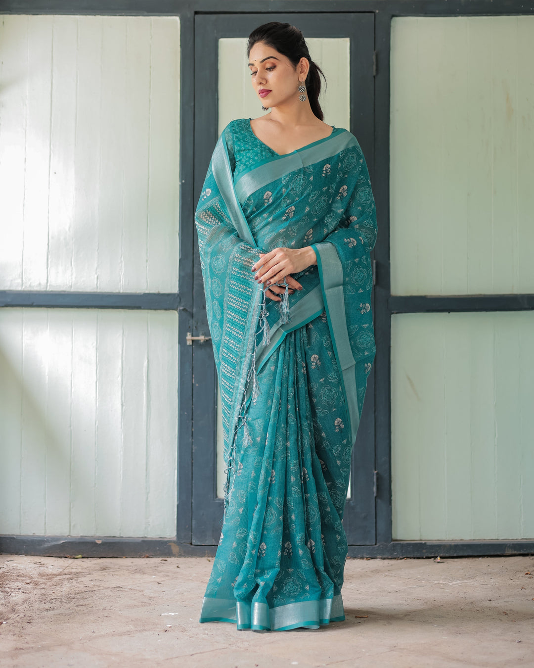 Teal Green Pure Cotton Linen Saree with Silver Floral Motifs and Tassels LINEN H 151160