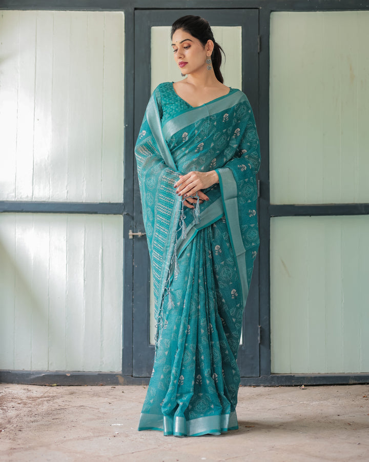 Teal Green Pure Cotton Linen Saree with Silver Floral Motifs and Tassels LINEN H 151160