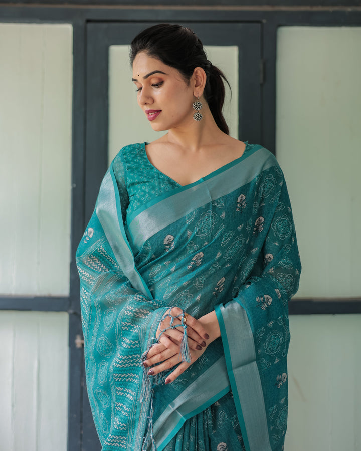 Teal Green Pure Cotton Linen Saree with Silver Floral Motifs and Tassels LINEN H 151160