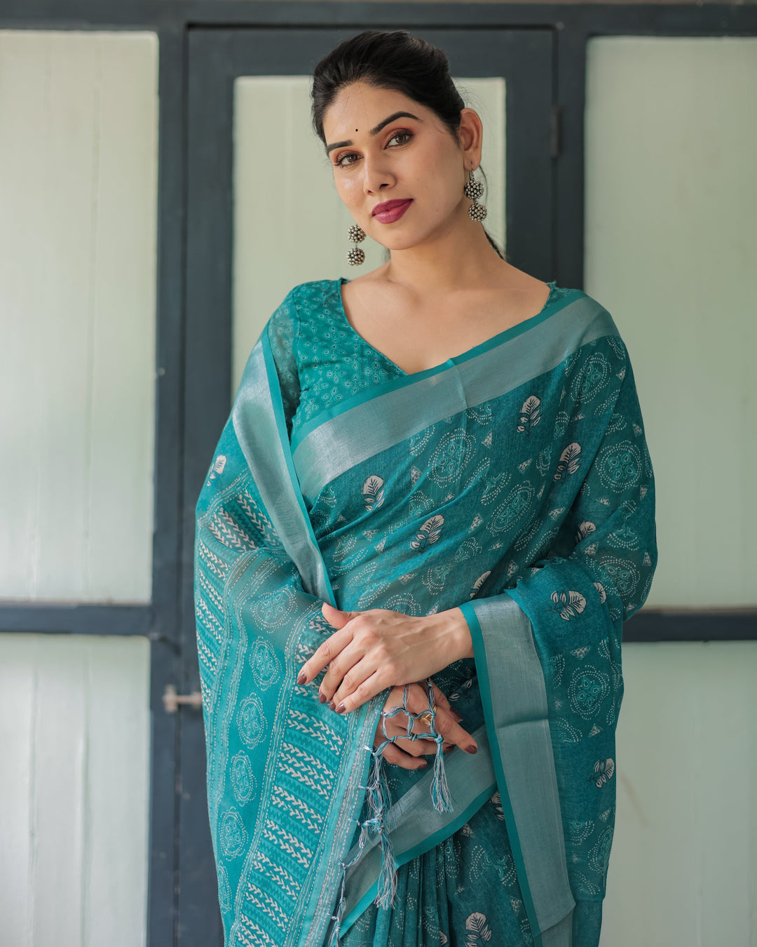 Teal Green Pure Cotton Linen Saree with Silver Floral Motifs and Tassels LINEN H 151160