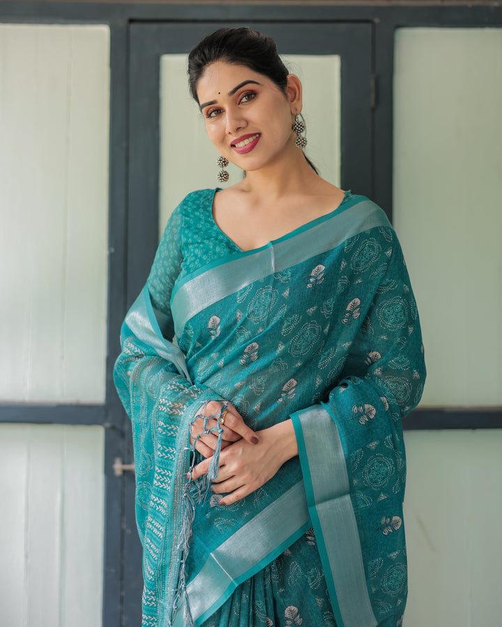Teal Green Pure Cotton Linen Saree with Silver Floral Motifs and Tassels LINEN H 151160