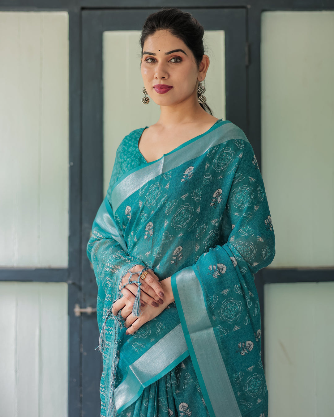 Teal Green Pure Cotton Linen Saree with Silver Floral Motifs and Tassels LINEN H 151160