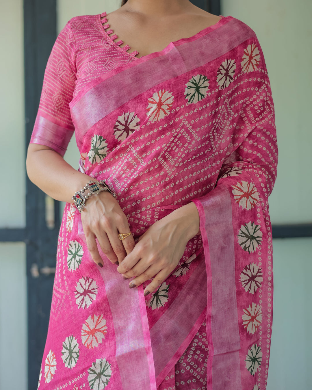 Fuchsia Pink Handcrafted Cotton Linen Saree with Geometric Print and Tassels LINEN H 161170