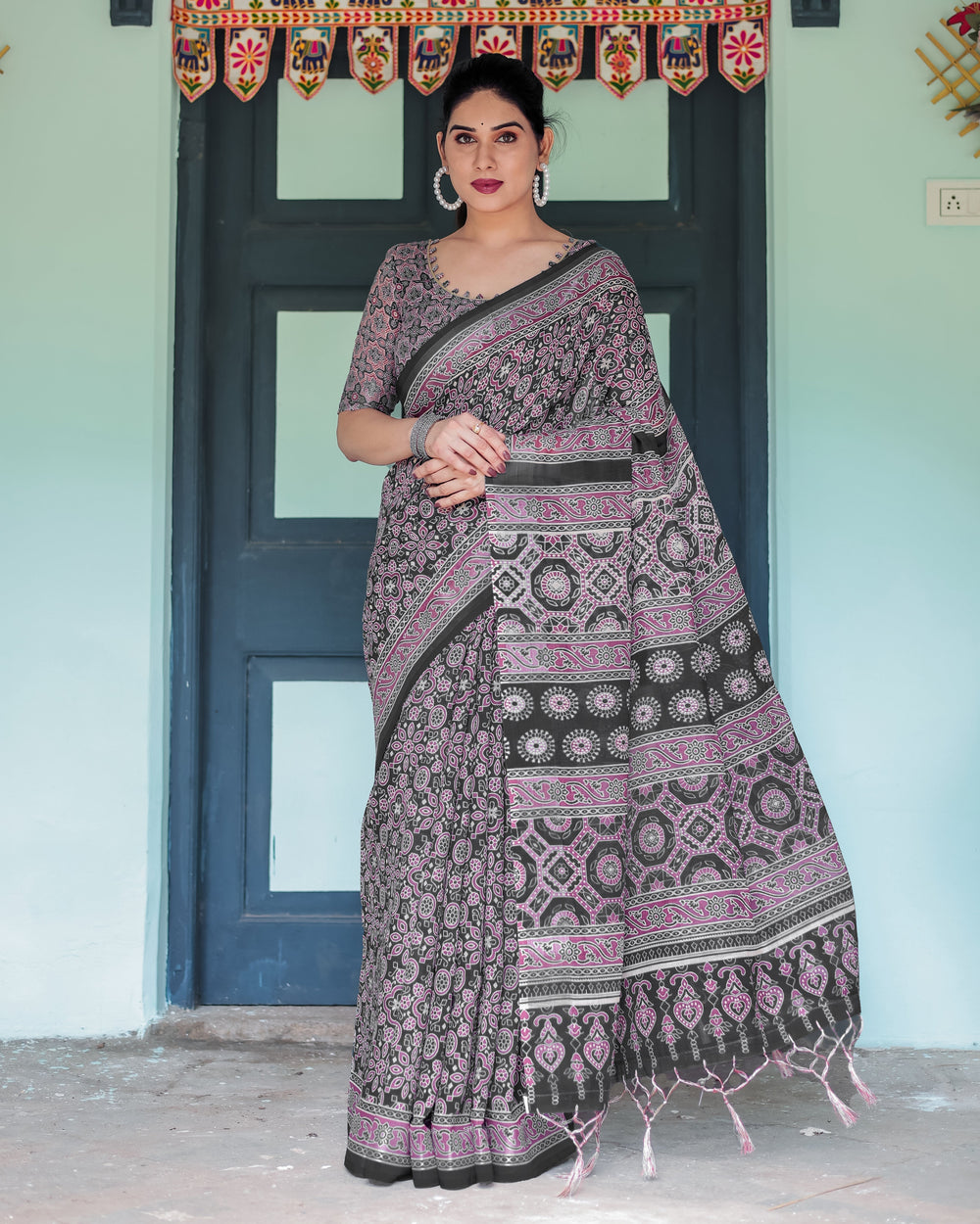 Black Pure Cotton Linen Saree with Pink Striped Pallu and Tassel Accents LINEN H 161170