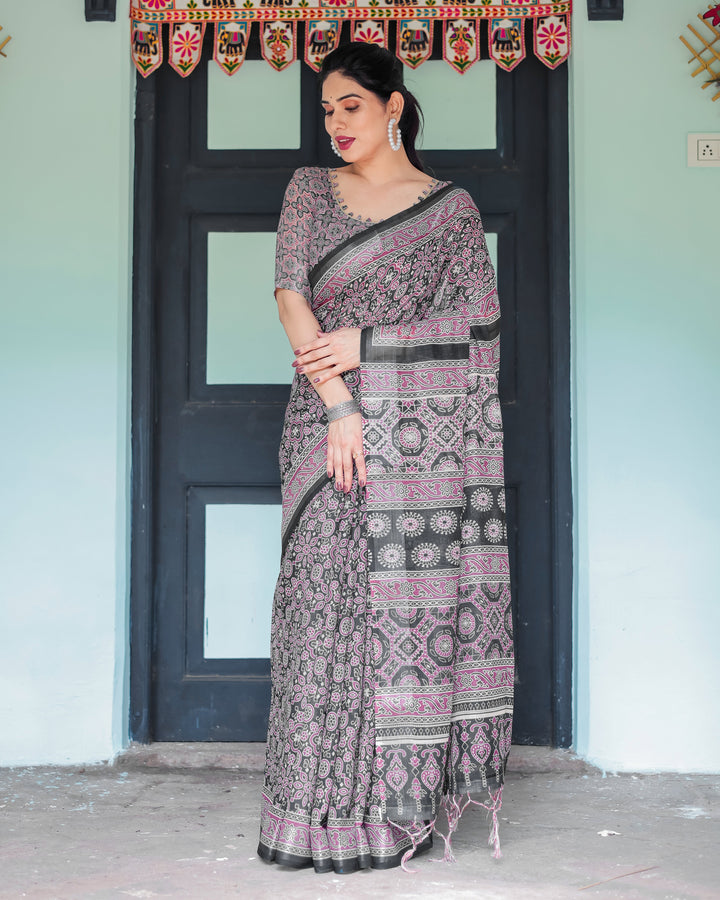 Black Pure Cotton Linen Saree with Pink Striped Pallu and Tassel Accents LINEN H 161170