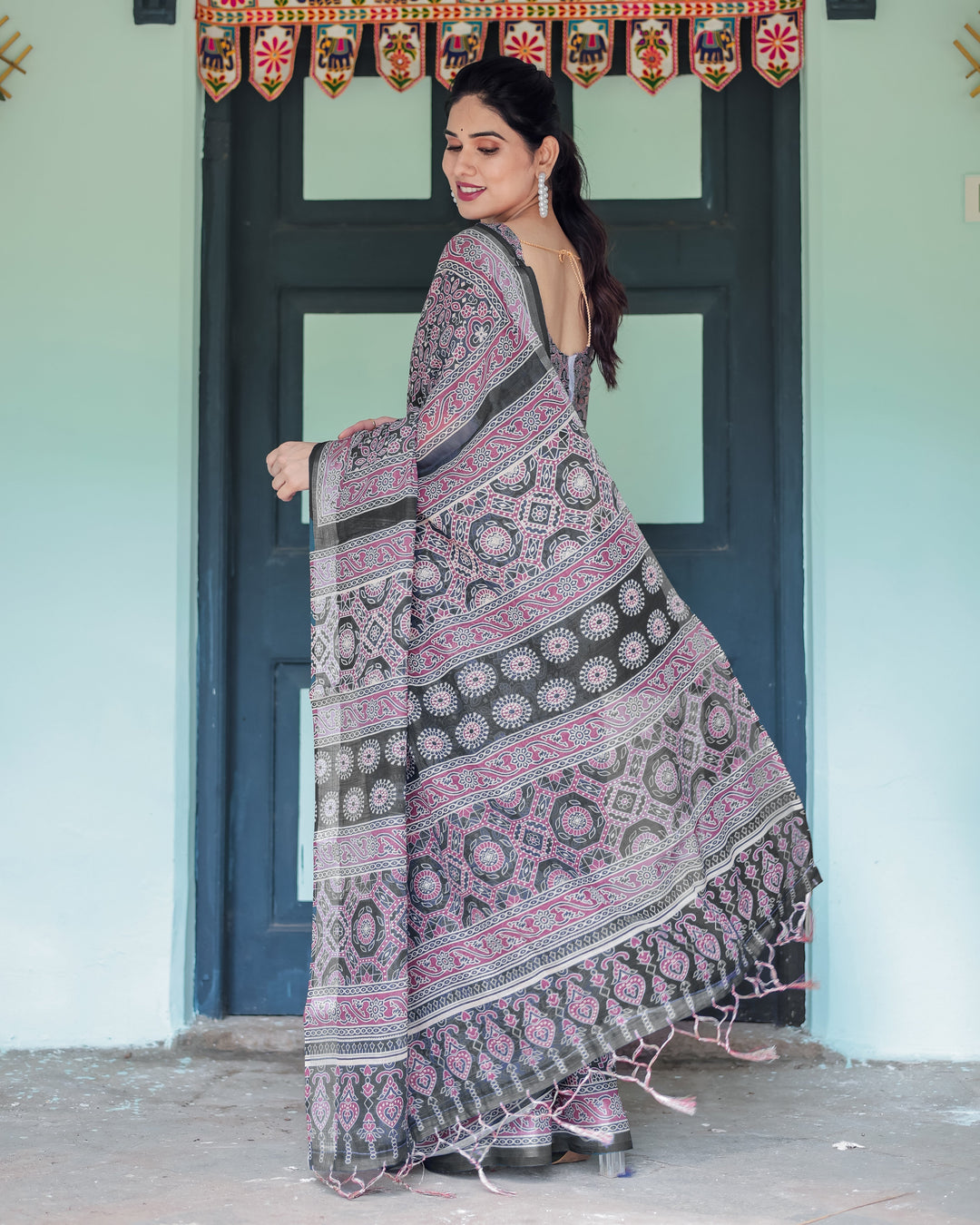 Black Pure Cotton Linen Saree with Pink Striped Pallu and Tassel Accents LINEN H 161170