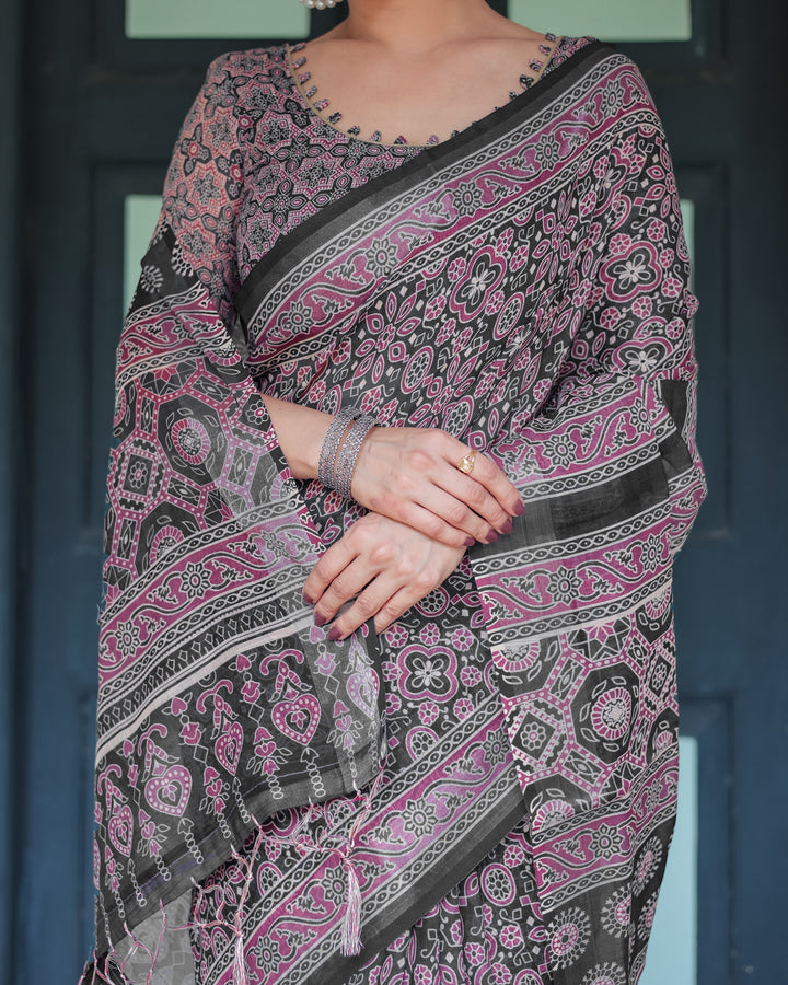 Black Pure Cotton Linen Saree with Pink Striped Pallu and Tassel Accents LINEN H 161170
