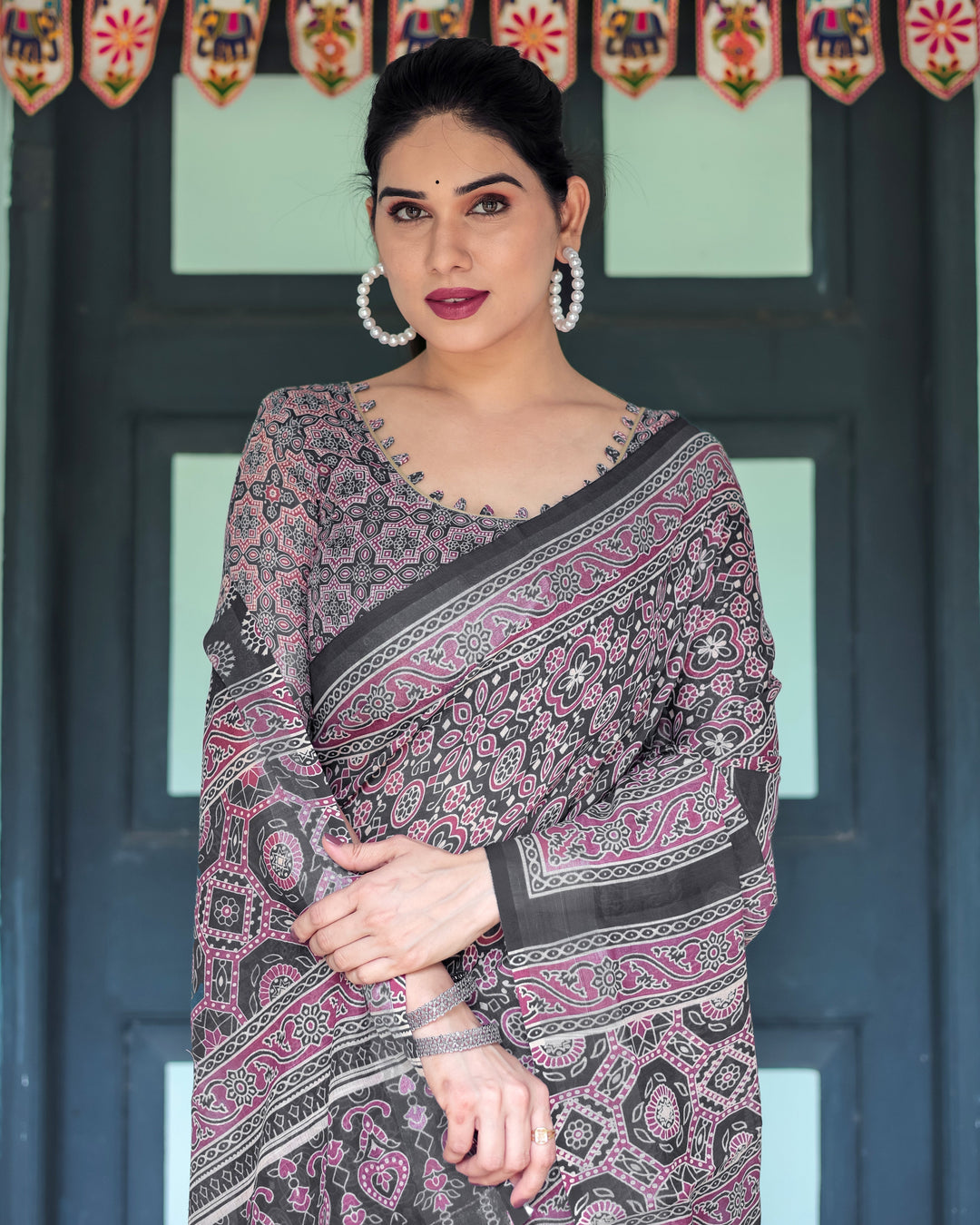 Black Pure Cotton Linen Saree with Pink Striped Pallu and Tassel Accents LINEN H 161170