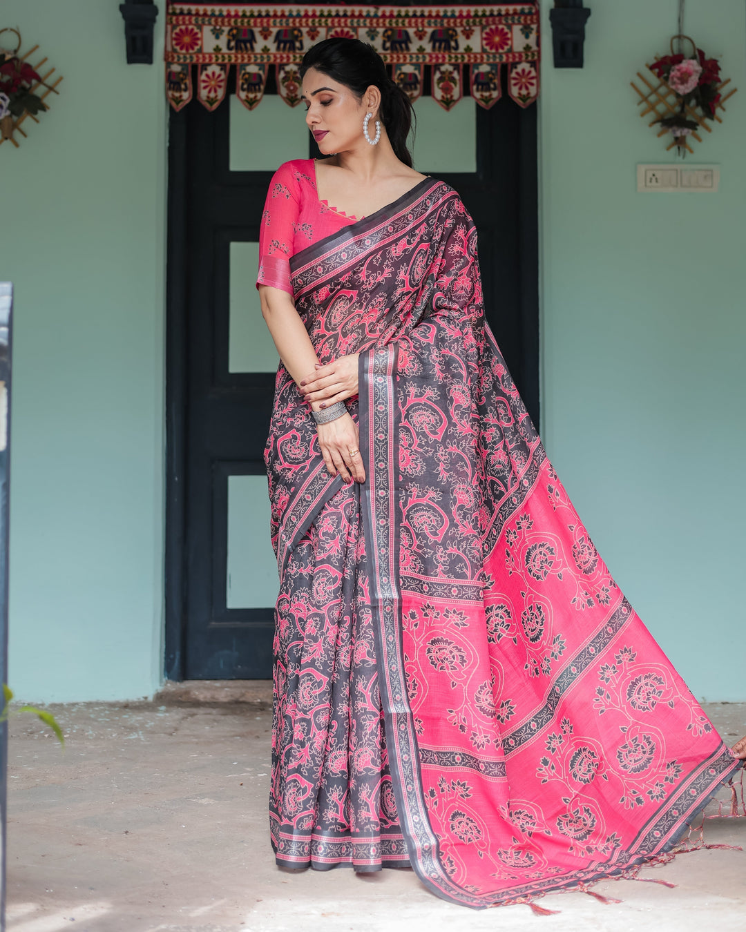 Pure Cotton Linen Saree in Black and Pink with Floral Print and Tassels LINEN H 161170