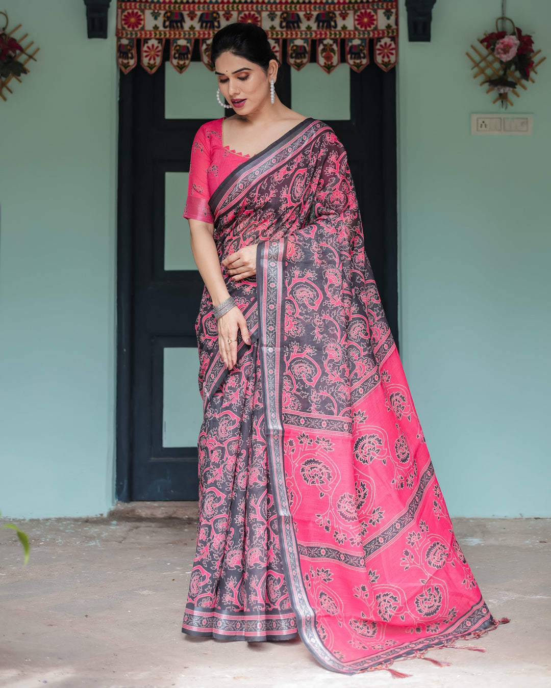 Pure Cotton Linen Saree in Black and Pink with Floral Print and Tassels LINEN H 161170