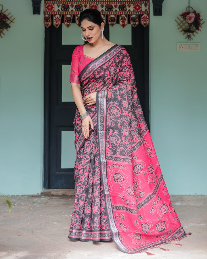 Pure Cotton Linen Saree in Black and Pink with Floral Print and Tassels LINEN H 161170