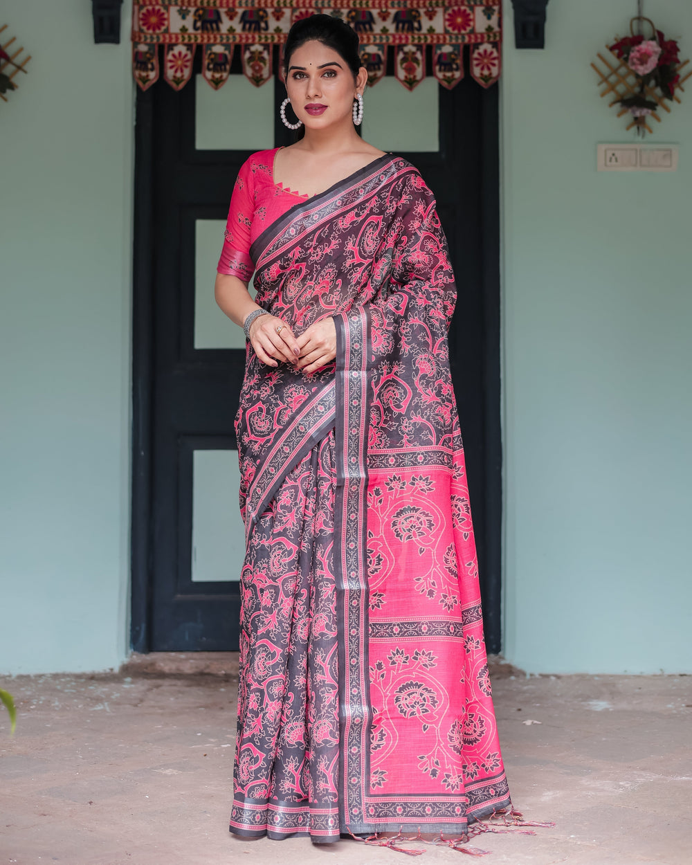 Pure Cotton Linen Saree in Black and Pink with Floral Print and Tassels LINEN H 161170