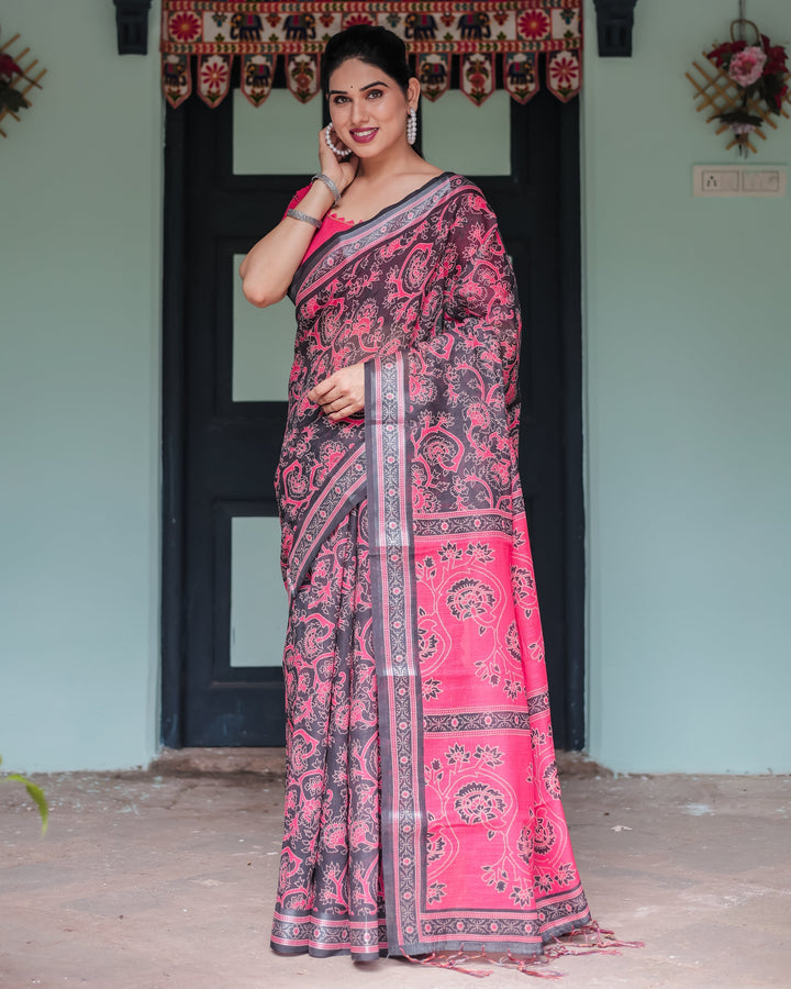 Pure Cotton Linen Saree in Black and Pink with Floral Print and Tassels LINEN H 161170