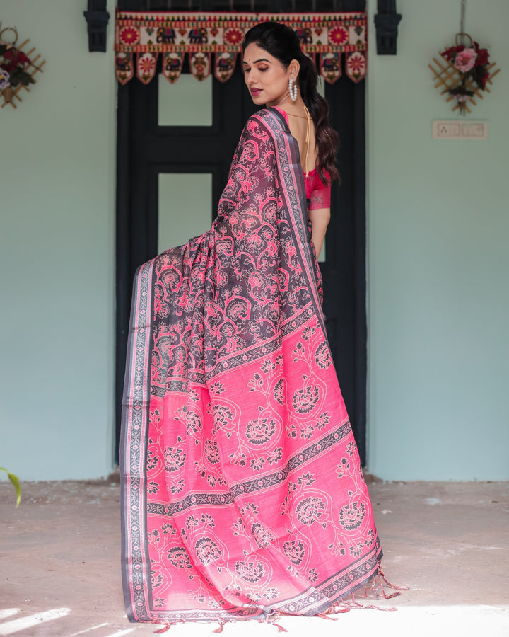 Pure Cotton Linen Saree in Black and Pink with Floral Print and Tassels LINEN H 161170